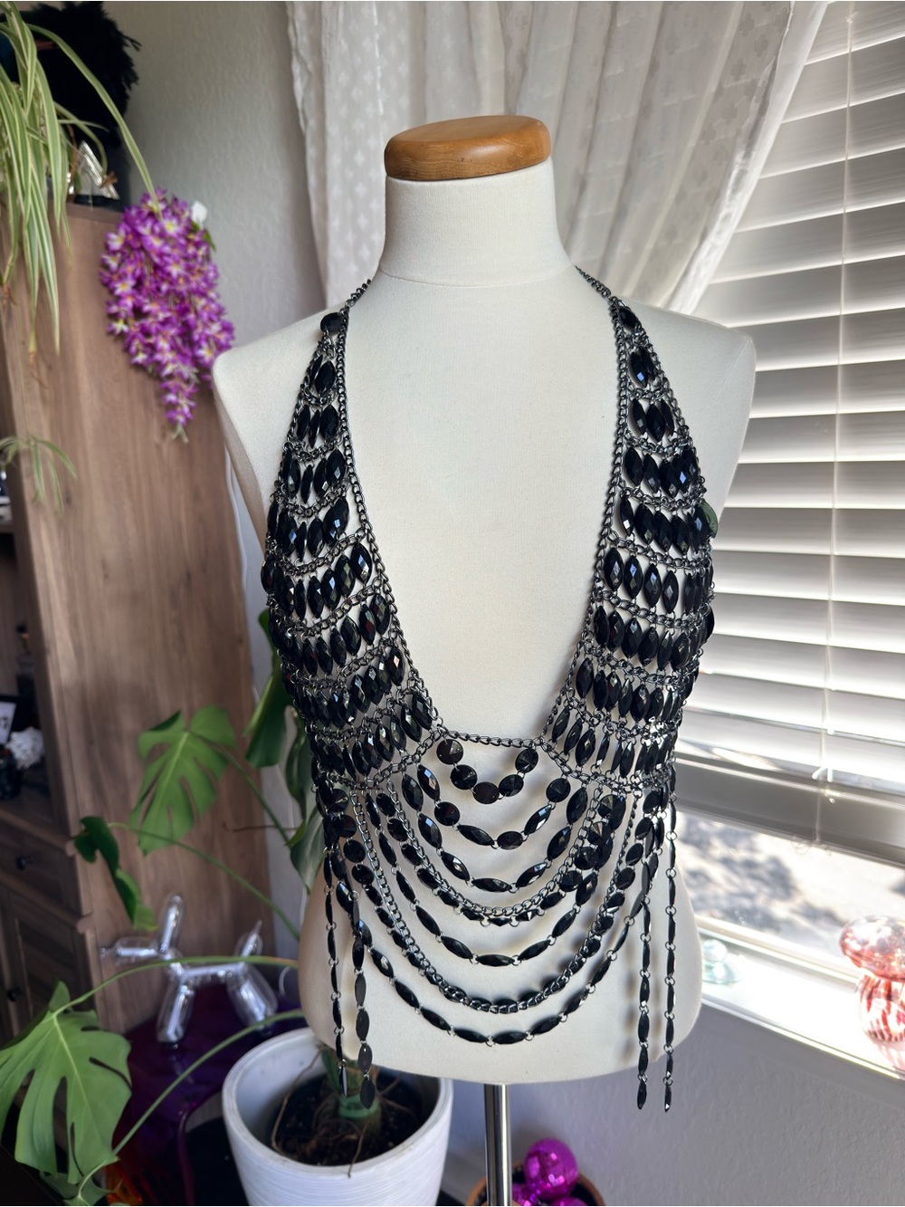 Custom-made Black Beaded Statement Chain Halter Necklace Top